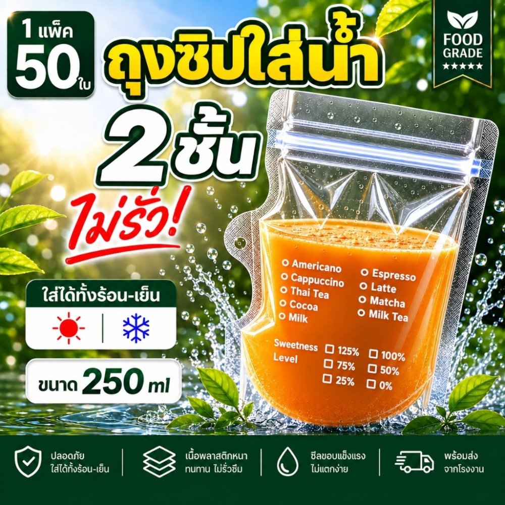 ถุงซิป 2 ชั้น ถุงใส่น้ำ ใส่กาแฟ แบบซิปคู่ ก้นตั้งได้ Food Grade