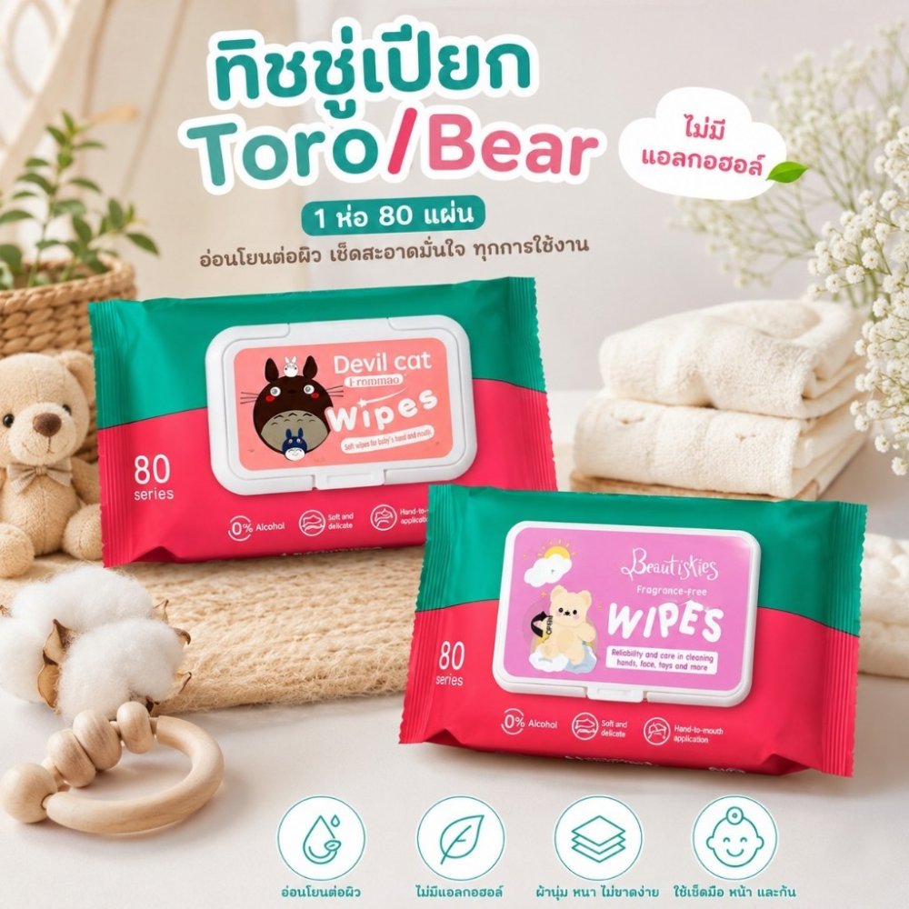 ทิชชู่เปียกคละลาย Baby Wipes 1ห่อ40แผ่น กระดาษทิชชู่เปียกทำความสะอาด ขนาดเล็กพกพา