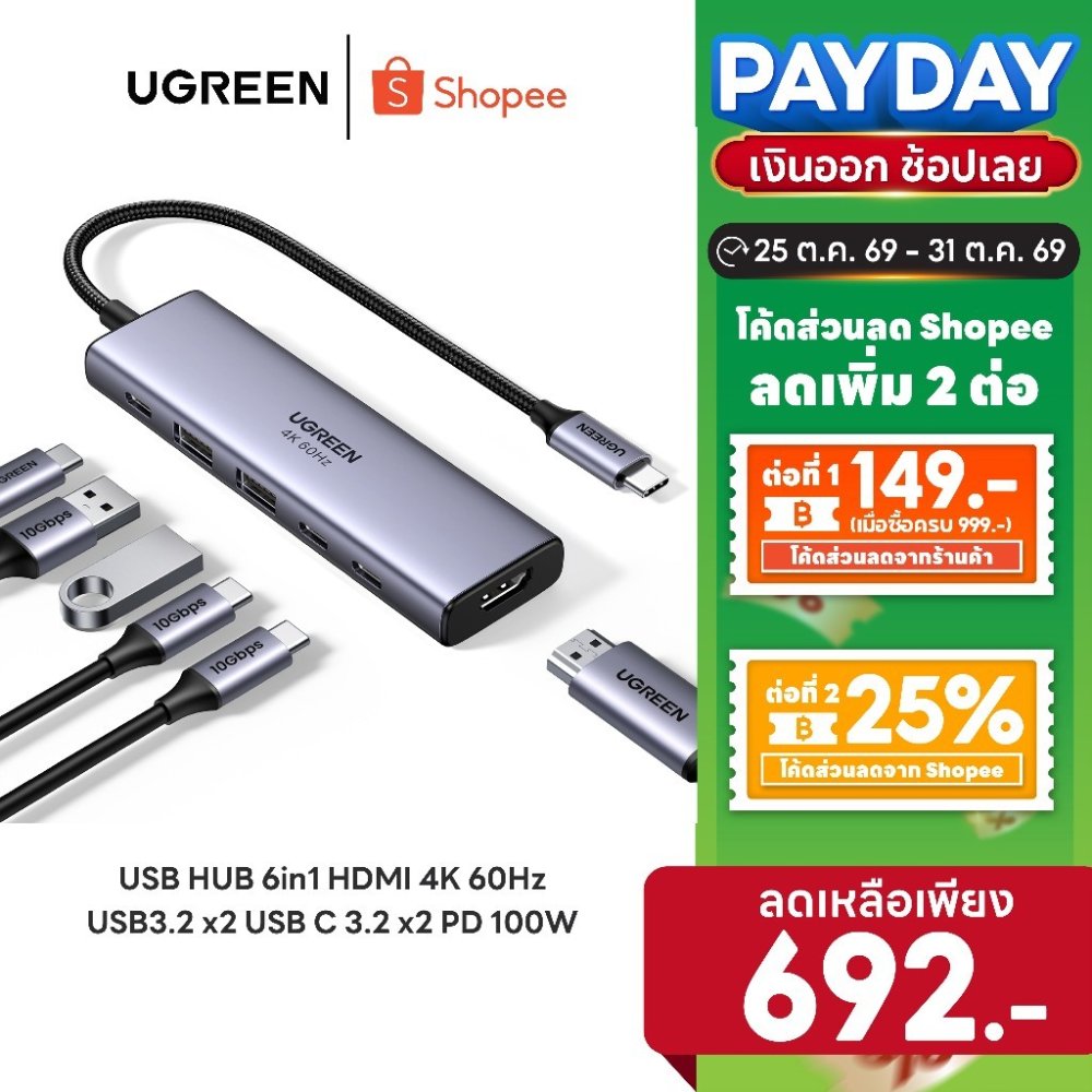 [ลดเหลือ 692] UGREEN รุ่น 35999 USB HUB 6in1 HDMI 4K 60Hz USB3.2 x2 USB C 3.2 x2 พอร์ต PD 100W HDMI x1