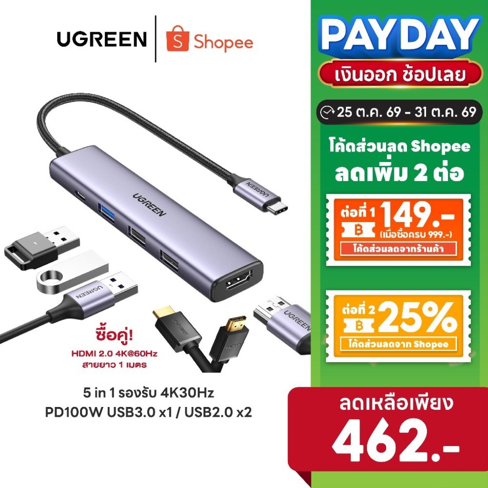 [ลดเหลือ 462] UGREEN รุ่น 15495 HUB Type C 5 in 1 รองรับ 4K30Hz PD100W USB3.0 x1 / USB2.0 x2 อะแดปเตอร์ฮับ