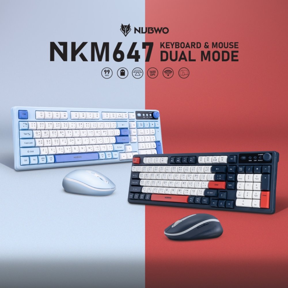 [1 Receiver ใช้งานร่วมกัน] NUBWO NKM-647 Keyboard & Mouse คีย์บอร์ดปุ่มยาง เสียงเงียบ เชื่อมต่อ Wireless2.4GHz และบลูทูธ