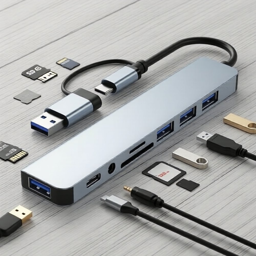 8 in 1 USB Hub Expander Dock Type C TF SD Reader Audio เข้ากันได้กับ MacBook Pro ipad Pro HP