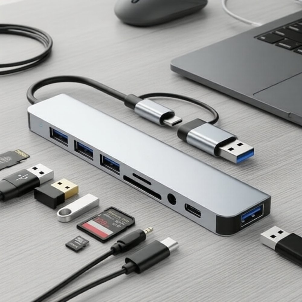 ฮับพอร์ต USB 8 ช่อง 2 Type C ที่ขยายด้วยตัวอ่าน TF SD และช่องเสียง PD 3.5 มม. สำหรับแล็ปท็อป PC