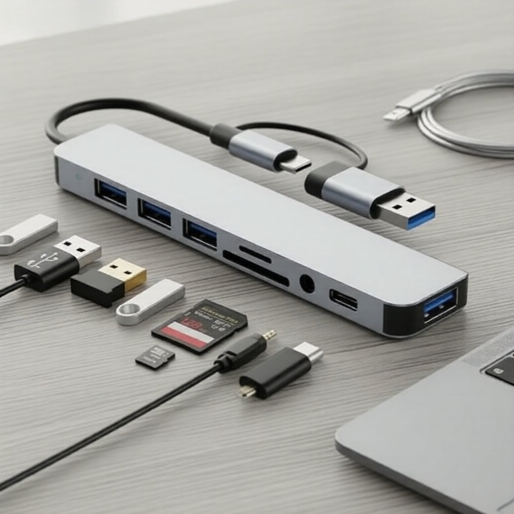 ฮับ USB Type-C 8-in-2 สําหรับแล็ปท็อป/พีซี: เพิ่มพอร์ต USB และรองรับ SD/TF, ช่องเสียง 3.5 มม., ชาร์จเร็ว PD
