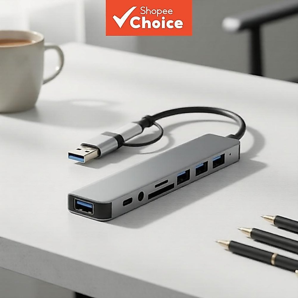 8 in 2 USB Type C HUB สถานีเชื่อมต่อพร้อมช่องเสียบแจ็คเสียง 3.5 มม. อะแดปเตอร์อ่านการ์ด Micro SD แล็ปท็อป แท็บเล็ต โทรศัพท์ ตัวแปลงดิสก์