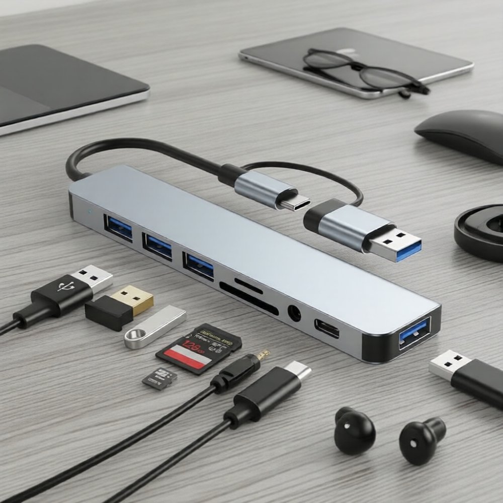 ฮับ USB-C อเนกประสงค์ 8-in-2: พอร์ต USB, อ่าน SD/TF, ช่องเสียง 3.5 มม., รองรับการชาร์จเร็วสําหรับโน้ตบุ๊กและพีซี