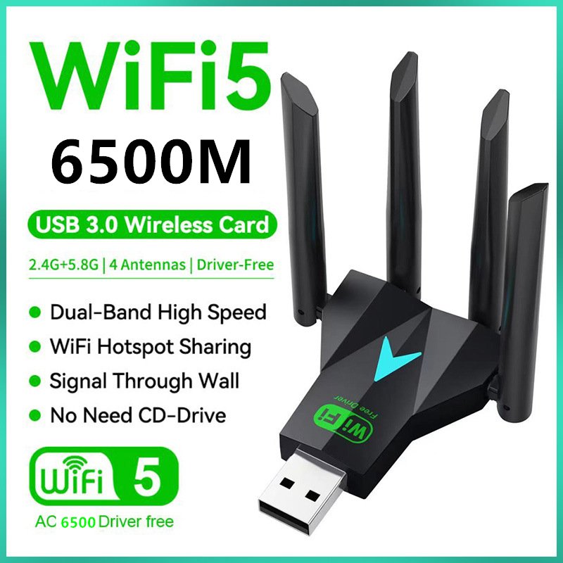 อะแดปเตอร์ USB WiFi ไร้สาย 6500M, 4 เสาอากาศการ์ดเครือข่าย 2.4G 5G สําหรับ PC Windows 8/10/11, ตัวรับสัญญาณ Wi-Fi ไดร์เวอร์ในตัว, การติดตั้งเพียงคลิกเดียว