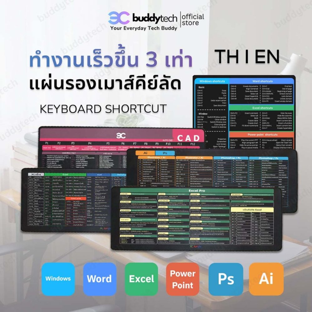 Buddytech แผ่นรองเมาส์คีย์ลัดภาษาไทย ขนาดใหญ่ ของขวัญ แผ่นรองคีย์บอร์ด อุปกรณ์สำนั