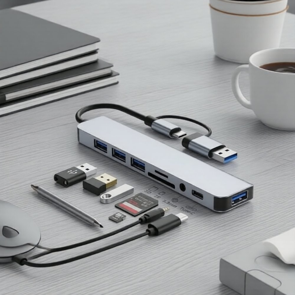อะแดปเตอร์ฮับ USB-C 8-in-2 พร้อมช่องอ่าน SD/TF, ช่องเสียง 3.5 มม. และชาร์จผ่าน PD สําหรับโน้ตบุ๊ก/พีซี