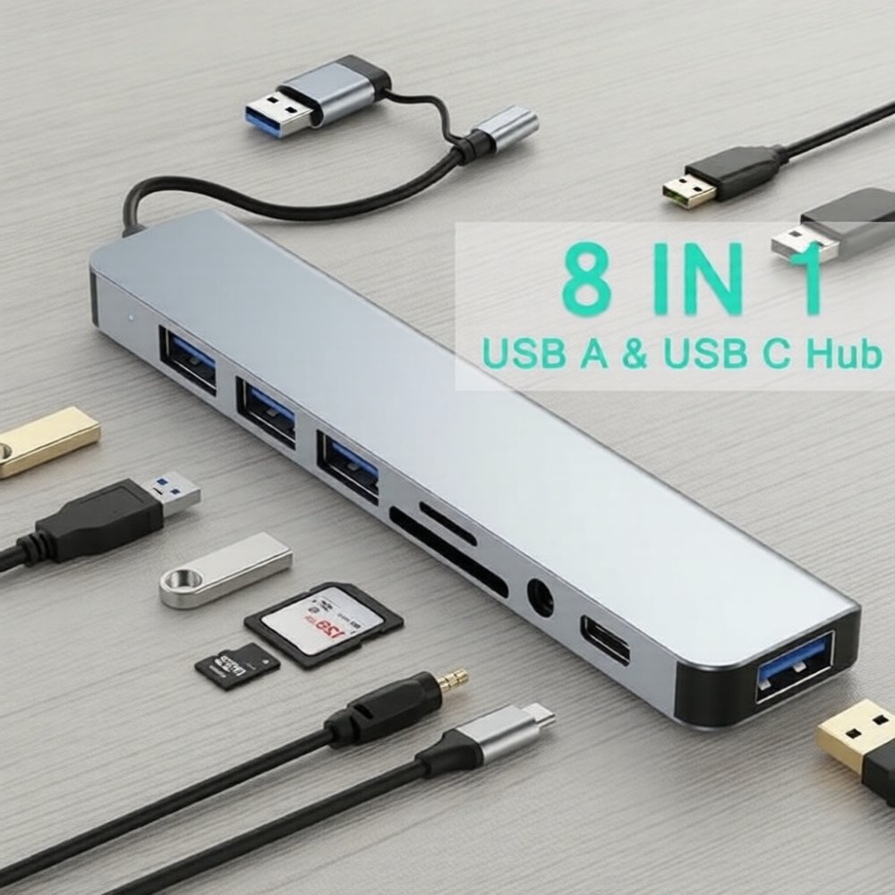 USB Hub 3.0 อลูมิเนียม 8 in 2 Splitter USB3.0 Type C TF SD Card Reader 3.5 มม.สําหรับ PC แล็ปท็อปแท็บเล็ต