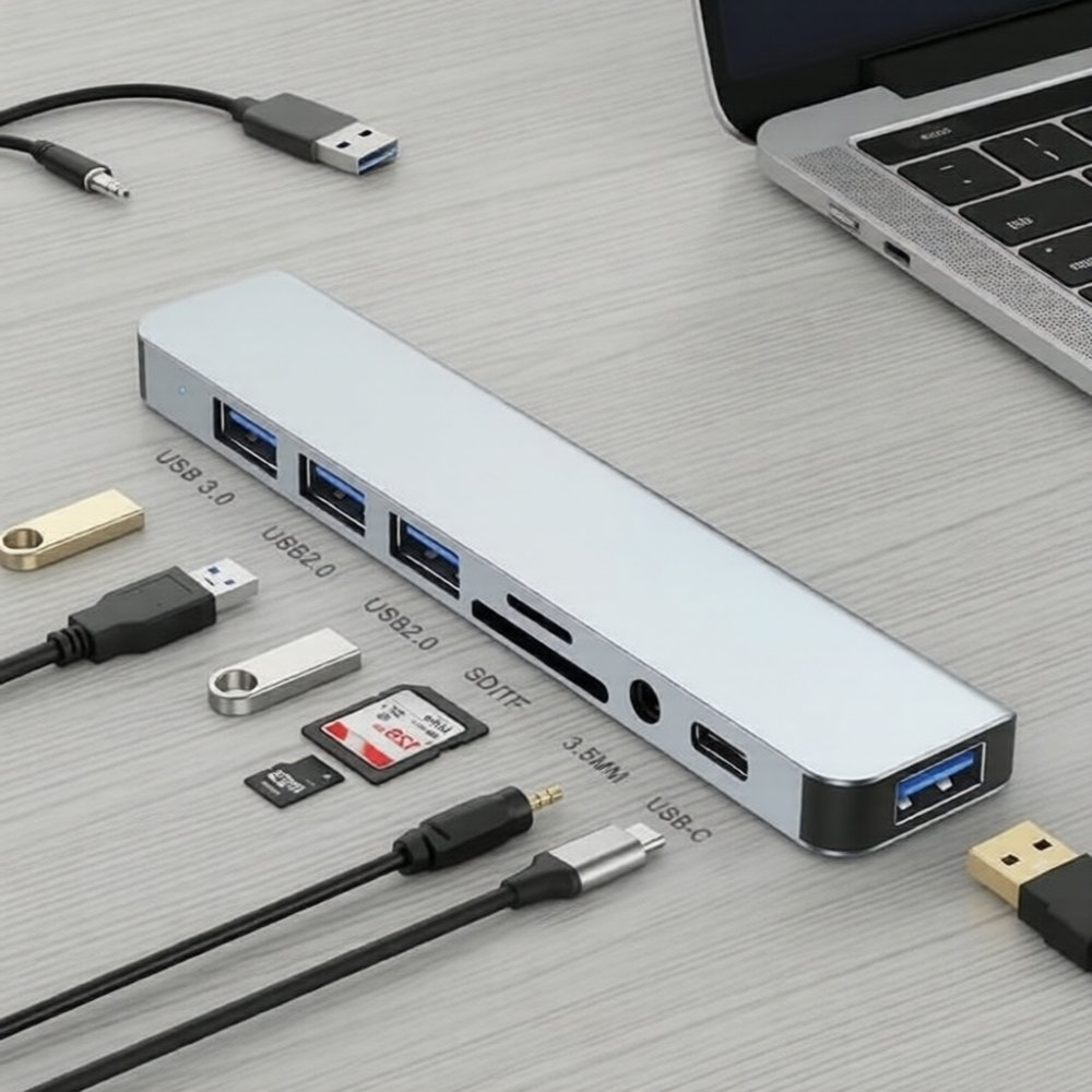 พอร์ตฮับ USB 8 in 1 เครื่องอ่านการ์ด SD ประเภท C ถึง 3.5 มม. สถานีเชื่อมต่อเสียง