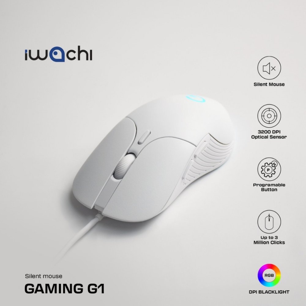 เมาส์ IWACHI G1 สำหรับเกมมิ่ง มีสายปุ่มกดไร้เสียง ระบบออปติคอล DPI 800/1600/2400/3200 (ตั้งค่าได้)