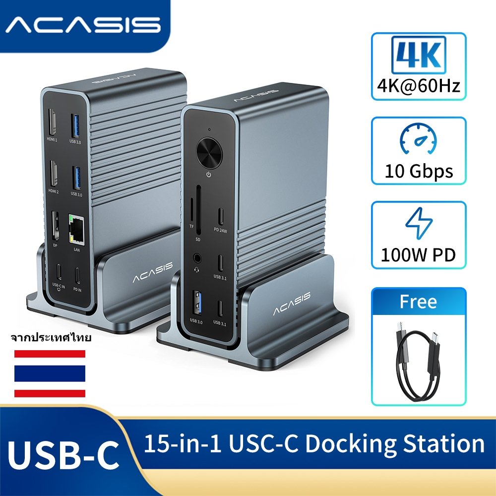 Acasis USB-C Desktop Docking Station (15-in-1)Docking Station Hub สําหรับแล็ปท็อป USB-C, 4K HDMI Display, DP 4K@60 HZ, 2*USB3.1 10GBPS, SD/TF, เสียง, RJ45 สําหรับ Mac และ Mac และ