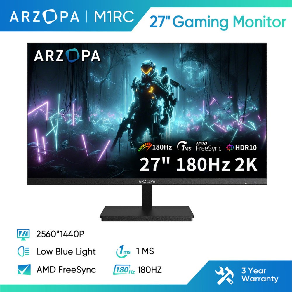 Arzopa 27" 180HZ Gaming Monitor - M1RC, 3 ปี - 2K QHD 2560x1440 IPS Monitor, 115% sRGB Adaptive-Sync 1ms, 1x Display Port 1.4, 1x HDMI 2.0, 1x USB C
