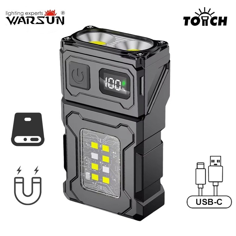 Warsun DC08 ไฟฉายมินิ 2 หัว USB-C มีไฟข้าง หมุนได้ มีคลิป แม่เหล็ก กันน้ำ หน้าจอดิจิตอล