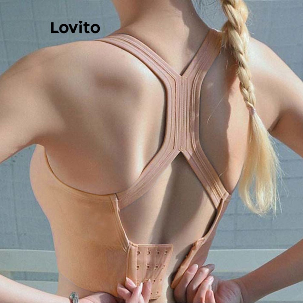 Lovito แคชชวล สปอร์ตตี้เสื้อชั้นในกีฬาสีพื้นไม่มีสายผูกหลังไขว้Sports Bras สําหรับผู้หญิง LNL47047