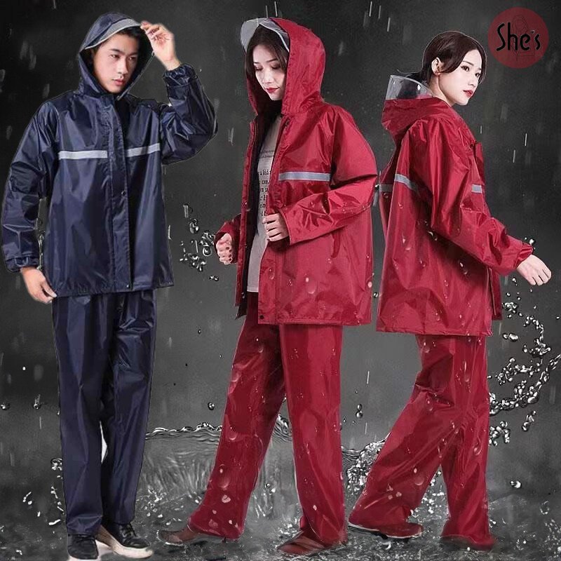เสื้อกันฝนสำหรับผู้ใหญ่ ชุดกันฝนแบบหนา ชุดกันฝน มีแถบสะท้อนแสง มีแถบสะท้อนแสง แยกเสื้อและกางเกง
