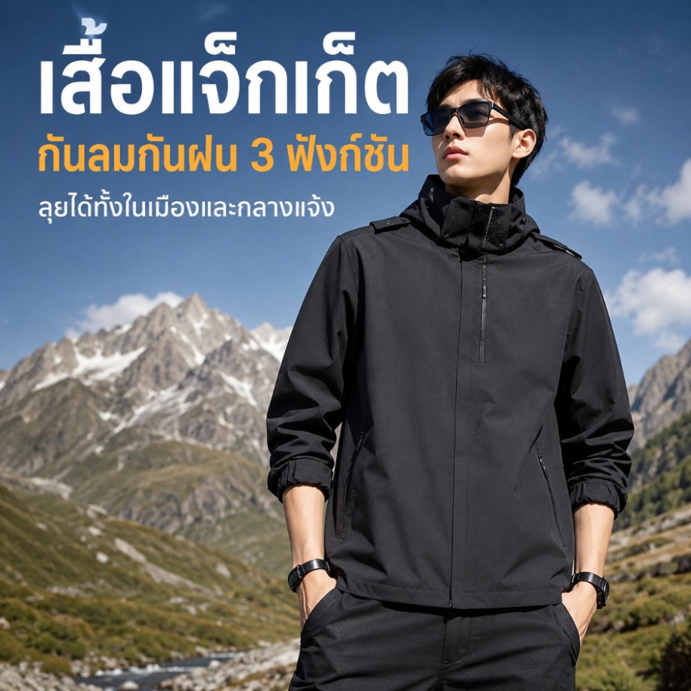 แจ็คเก็ตผ้าร่ม กันลม กันแดด กันน้ำ เสื้อแจ็คเก็ตผู้ชาย เนื้อผ้า 2 ชั้น มีฮู้ด มีกระเป๋าหน้า ซิปซ่อน