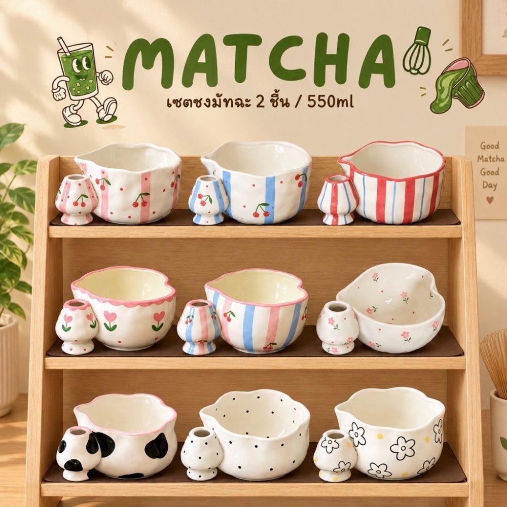 พร้อมส่ง🍒 เซ็ทชงมัทฉะ2ชิ้น Matcha bowl 550ml Chawan handmade ถ้วยมัทฉะหัวใจเซรามิค Chaholder ชามมัทฉะดอกไม้,ลายจุด