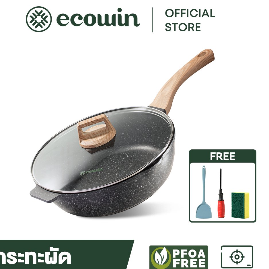 Ecowin กระทะพร้อมฝาปิด สีดำ การเคลือบหินทางการแพทย์ ไม่ติด เหมาะกับเตาทุกประเภท ขนาด 24/28/30/32