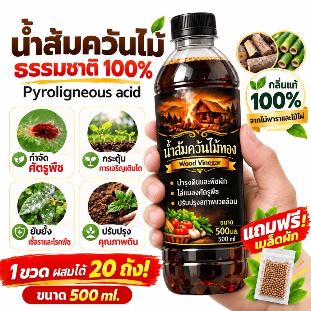 น้ำส้มควันไม้ 100% 500 มล. กำจัดเพลี้ย แมลง พืชโตไว บำรุงพืช รากเน่า ใบจุด หนอน บำรุงดิน แถมฟรี เมล็ดผักและคู่มือผสม