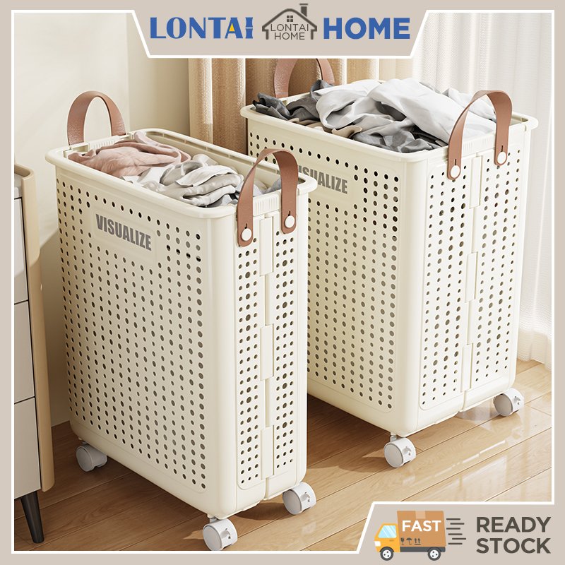 LONTAI ตะกร้าซักผ้าแบบพับได้ ที่เก็บข้อมูลอเนกประสงค์ความจุขนาดใหญ่ ตะกร้าพลาสติกพร้อมล้อ
