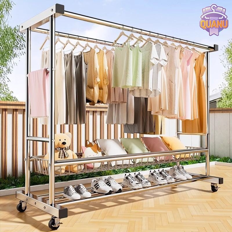 QUANU ราวตากผ้าสแตนเลส 304 ราวตากผ้าเคลือบสังกะสี ราวแขวนเสื้อผ้า 180*50*150 Stainless steel clothes rack
