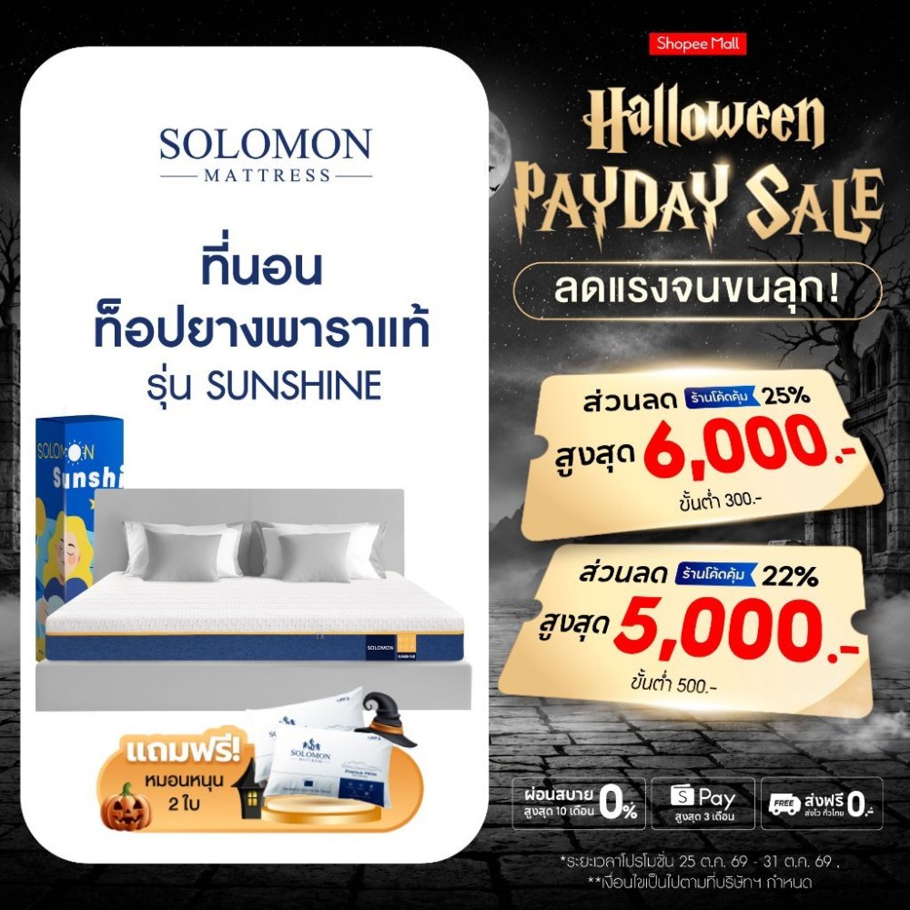 Solomon ที่นอนยางพารา รุ่น Sunshine หนา 8 นิ้ว ลดปวดหลังดีเยี่ยม แถมหมอนหนุนเกรดโรงแรม