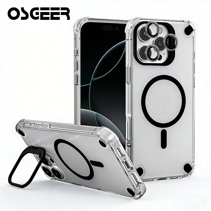 OSGEER สําหรับ iPhone 18 17 16 15 14 13 12 11 Pro Max, Drop Full-Body Clear ในตัวผู้ถือเลนส์ Kickstand พร้อมชาร์จไร้สายกันกระแทกเคสโทรศัพท์ป้องกัน