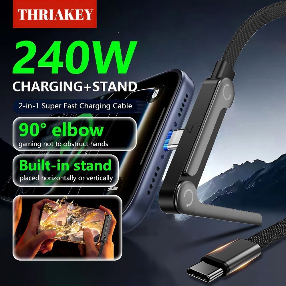 THREEKEY 240W สายดาต้าชาร์จเร็วพิเศษ มาพร้อมขาตั้งโทรศัพท์ในตัว ดีไซน์ 2-in-1 รวมขาตั้งมือถือและสายชาร์จในหนึ่งเดียว