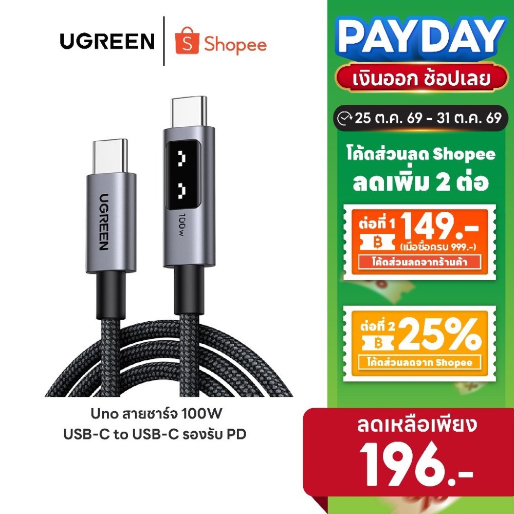 [ลดเหลือ 196] UGREEN Uno สายชาร์จ 100W USBC to USB C รองรับ PD ชาร์จเร็ว สำหรับ iPhone 18 Series Samsung S26 รุ่น L509