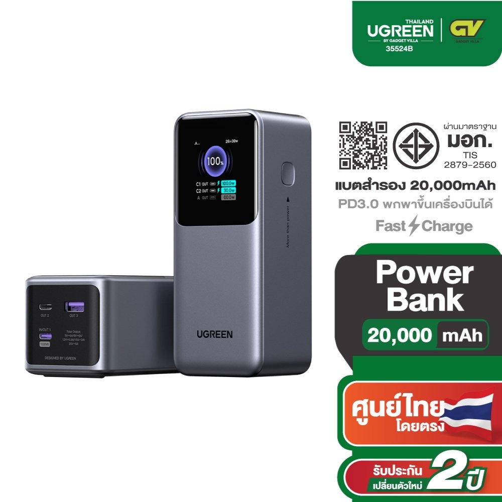 [ลดเหลือ 1,902] UGREEN Power Bank แบตสำรอง 20000mAh 2C1A 130W Super Fast Charging สําหรับ Macbook/IPhone รุ่น 35524B