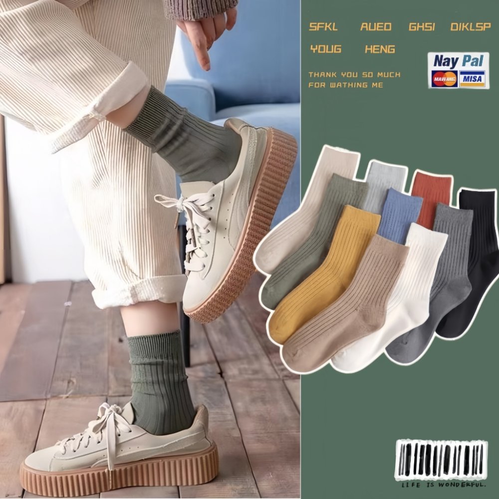 (ได้รับ 2-3 วัน) จัดส่งจากประเทศไทย~ถุงเท้าผ้าฝ้ายแท้ 10 สีสไตล์ญี่ปุ่น unisex