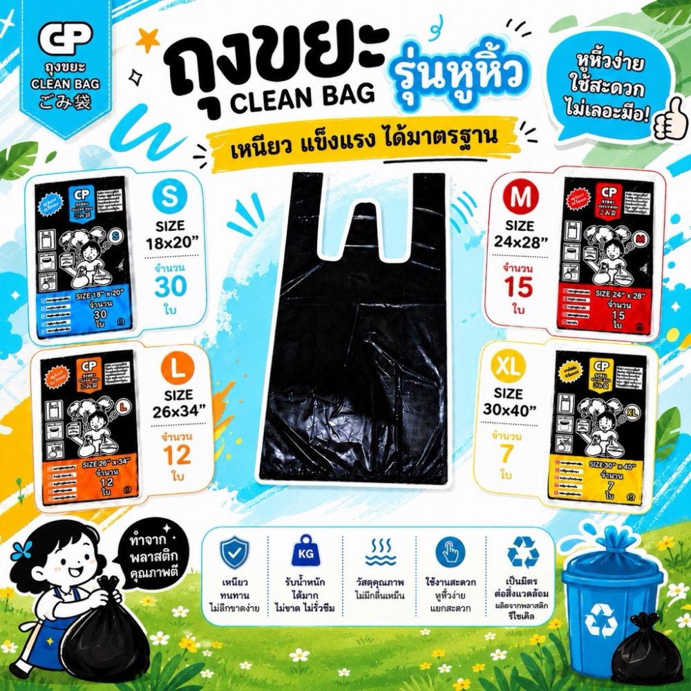 [รุ่นมีหูหิ้ว] ถุงขยะ Clean bag รุ่นบางแต่เหนียว ไม่มีกลิ่นไม่พึงประสงค์ คุ้มค่า จำนวนใบเยอะ คุณภาพเกรดส่งออก