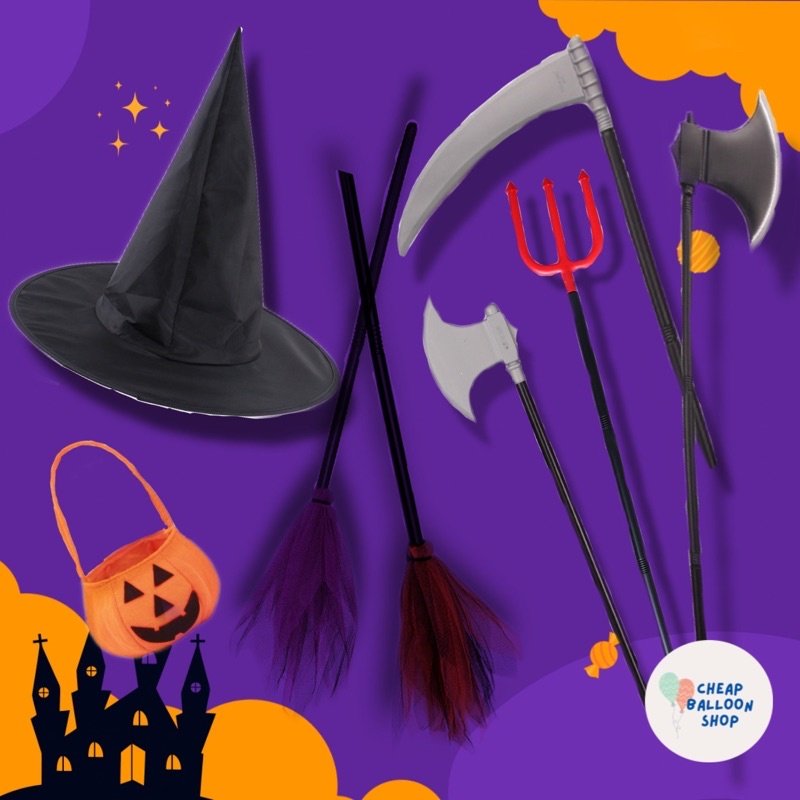 👻🎃 หมวกแม่มด กระเป๋าฝักทอง ไม้กวาดแม่มด มีดปลอม อาวุธพลาสติก ไม้สามง่าม ขวาน พร๊อพฮาโลวีน ฮาโลวีน ชุดฮาโลวีน Halloween