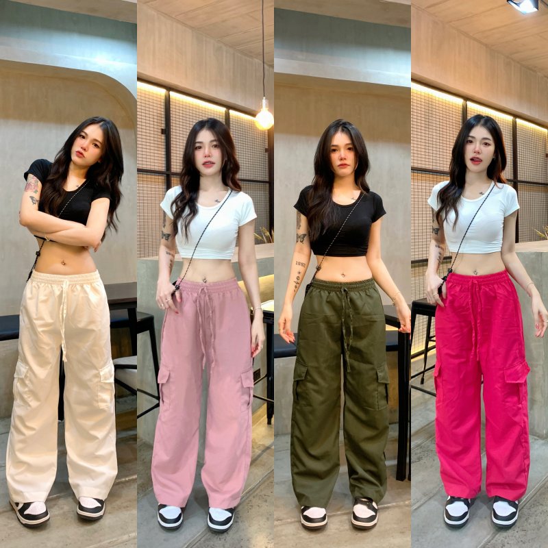 🌈SpinnyHouse🌈กางเกงคาร์โก้ เอวฟรีไซต์ยางยืด กระเป๋าใช้งานได้จริง 🎀 ผ้าไมโครใส่ง่ายไม่บาง รุ่น กางเกงคาร์โก้
