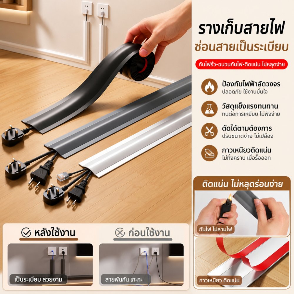 🛡️ปลอดภัยและสวยงาม🛡️ รางเก็บสายไฟแบบยืดหยุ่น ที่จัดระเบียบสายเคเบิล รางเดินสายไฟแนวพื้น/รางซ่อนสายไฟอ่อน กันเหยียบ