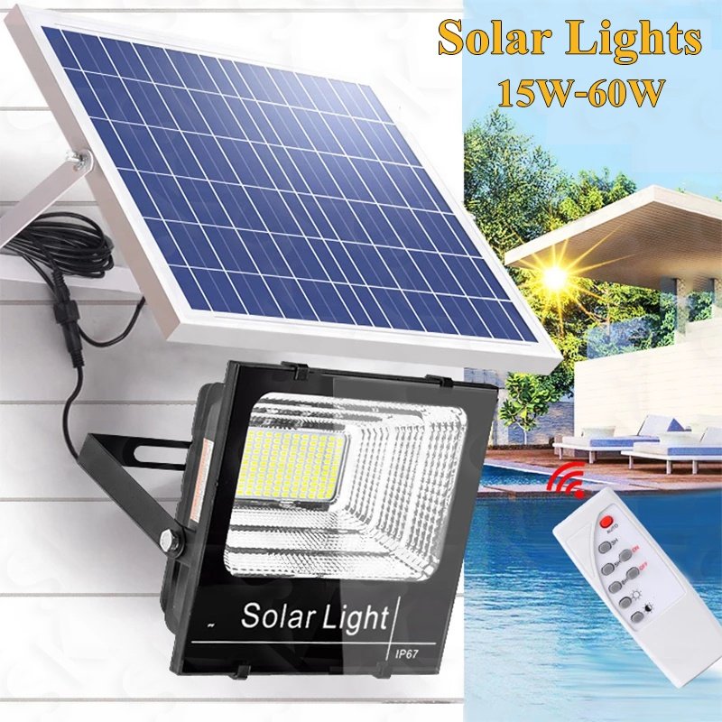 Solar Lights 60W ไฟโซล่า ไฟสปอตไลท์ กันน้ำ ไฟ Solar cell แสงสีขาว LED ไฟโซลาร์เซลล์ โคมไฟพลังงานแสงอาทิตย์ คุณภาพดีมีปร