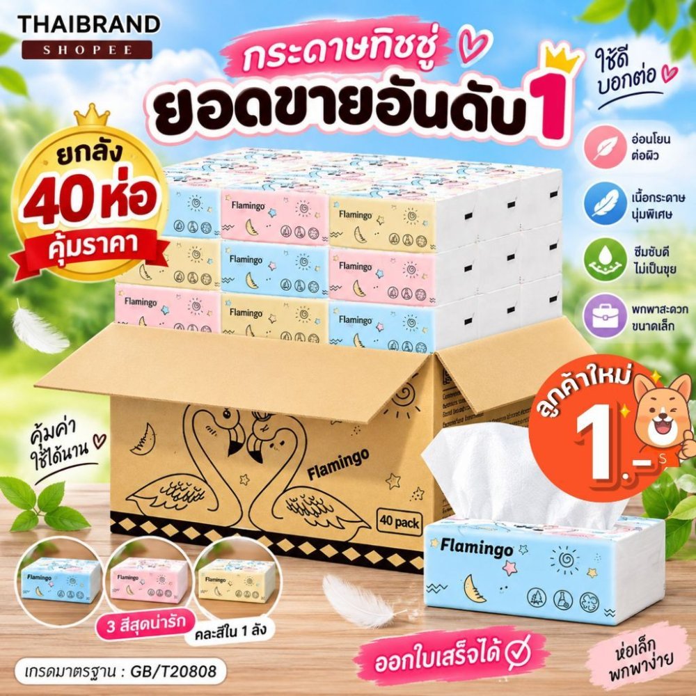 [ส่งฟรี] กระดาษทิชชู่ 1ลัง 40ห่อ ยกลัง ทิชชู่ นกฟลามิงโก้ กระดาษเช็ดหน้า แบบดึงไม่เป็นขุย ไม่ใส่สี กระดาษทิชชู่พกพา