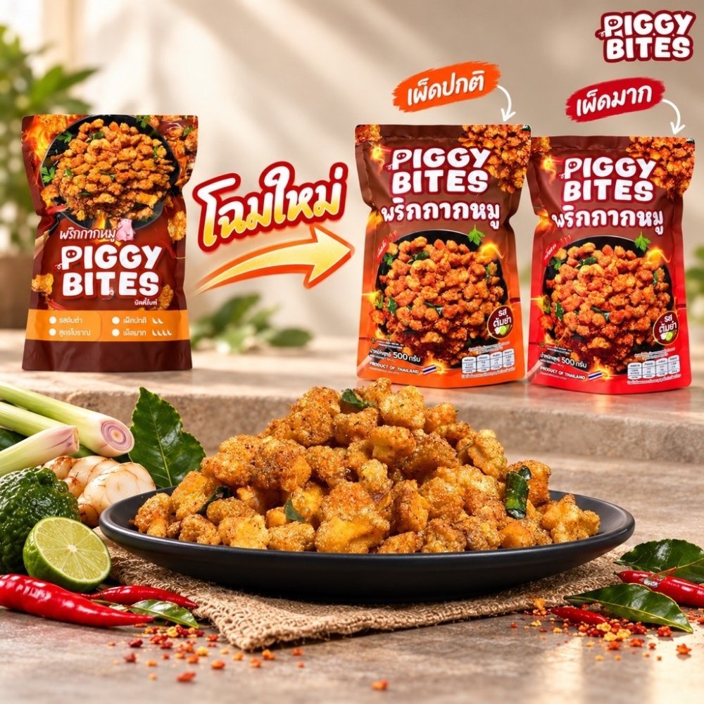 พริกกากหมู เคี้ยวเพลินๆ(รสต้มยำ) แบรนด์ PIGGYBITES