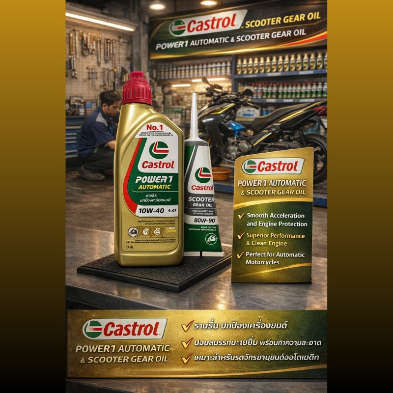 [แพ็คคู่สุดคุ้ม] น้ำมันเครื่อง Castrol POWER1 4AT 10W-40 + น้ำมันเฟืองท้าย Castrol Scooter Gear Oil