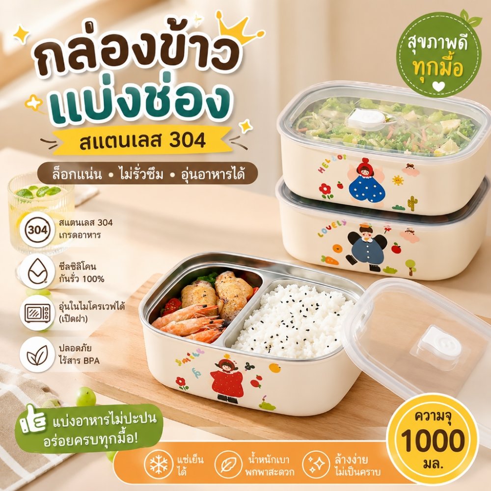 กล่องข้าวสแตนเลส 1000ml กล่องอาหารกลางวัน กล่องข้าวแบ่งช่อง 2 ช่อง วัสดุสแตนเลส หนาสองชั้น