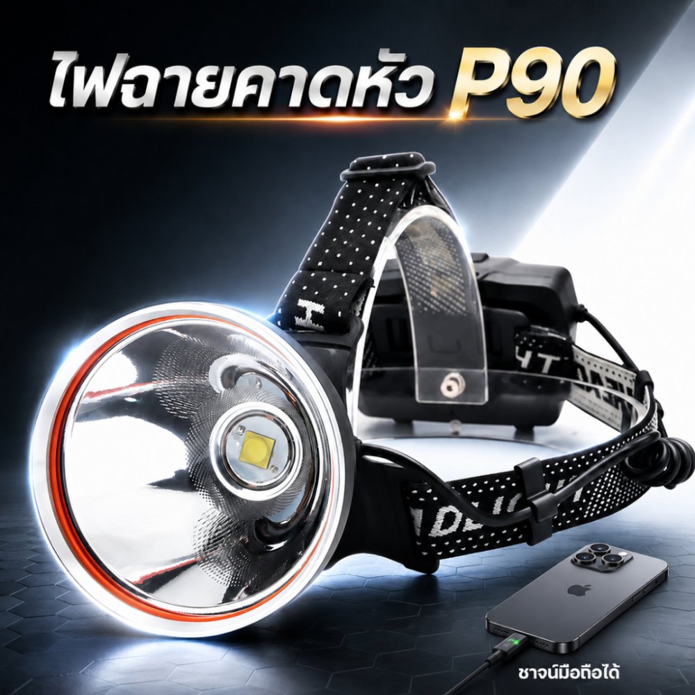 ไฟฉายคาดหัว P90 ซุปเปอร์ซีนอน สว่างกว่า L8 2เท่า ส่องไกล 2 กิโลเมตร ไฟคาดหัว