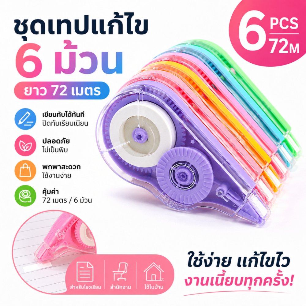 6 ชิ้น 72 เมตร เทปลบ ชุดเทปลบคําผิดแบบพกพา เทปสีขาวออกสําหรับโรงเรียน สํานักงาน เครื่องเขียน