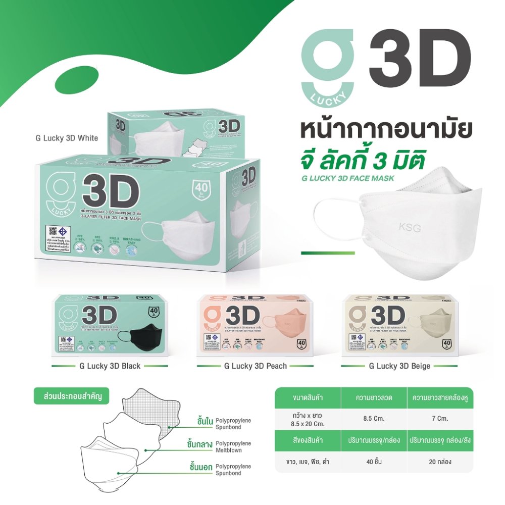 [KSG Official] G LUCKY 3D หน้ากากอนามัย ทรง 3 มิติ หนา 3 ชั้น Face Mask 3-Layer (40 ชิ้น)