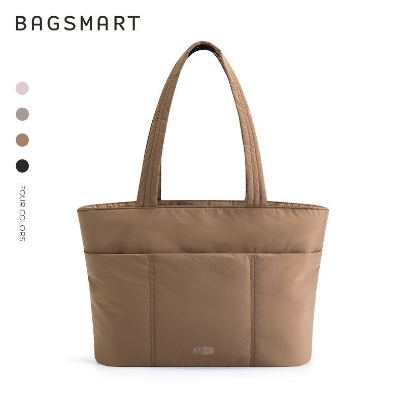 BAGSMART Tote Bag ผู้หญิง ใส่โน้ตบุ๊ก 14 นิ้ว ทรงพัฟฟี่ น้ำหนักเบา มีซิป มีกระเป๋าด้านหน้า สำหรับทำงานและเดินทาง