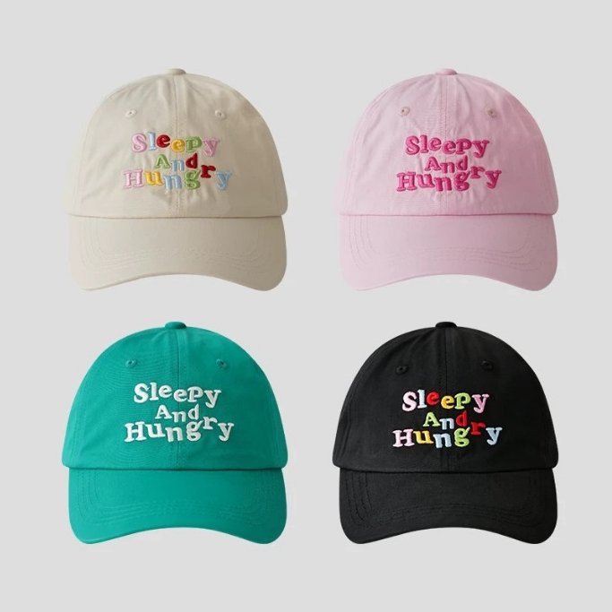 ♥️พร้อมส่ง🧢หมวกแก็ป Sleepy and Hungry น่ารัก สีสดใส มีสายปรับขนาด