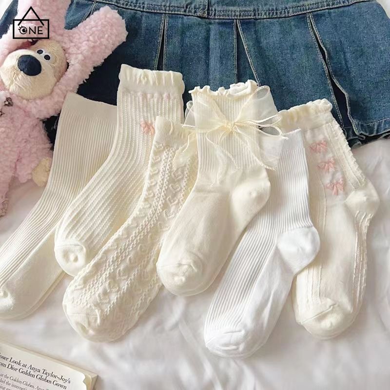 COD❤️ถุงเท้าข้อกลางขอบไม้ลูกไม้สีขาวหวานสไตล์ญี่ปุ่นระบายอากาศนักเรียนถุงเท้าสำหรับผู้หญิง-a.one