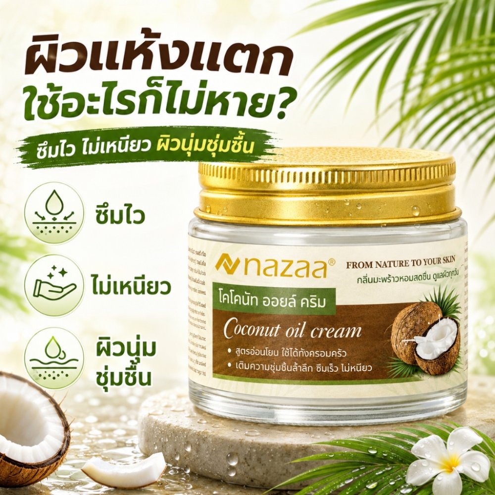 NAZAA Coconut Oil Cream ครีมมะพร้าว บำรุงผิวแห้งแตก มือ เท้า ข้อศอก ชุ่มชื้น ซึมเร็ว ไม่เหนียว Vitamin E