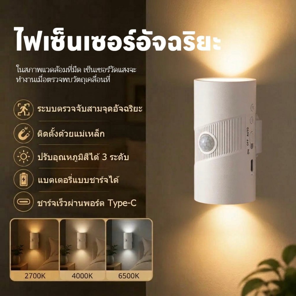 ☀️ราคาต่ำสุด☀️ไฟกลางคืนเซ็นเซอร์ LED | โคมไฟติดผนังแม่เหล็กแบบชาร์จ USB | ปรับได้ 3 สี | ไฟกลางคืนแบบไม่ต้องเจาะรู